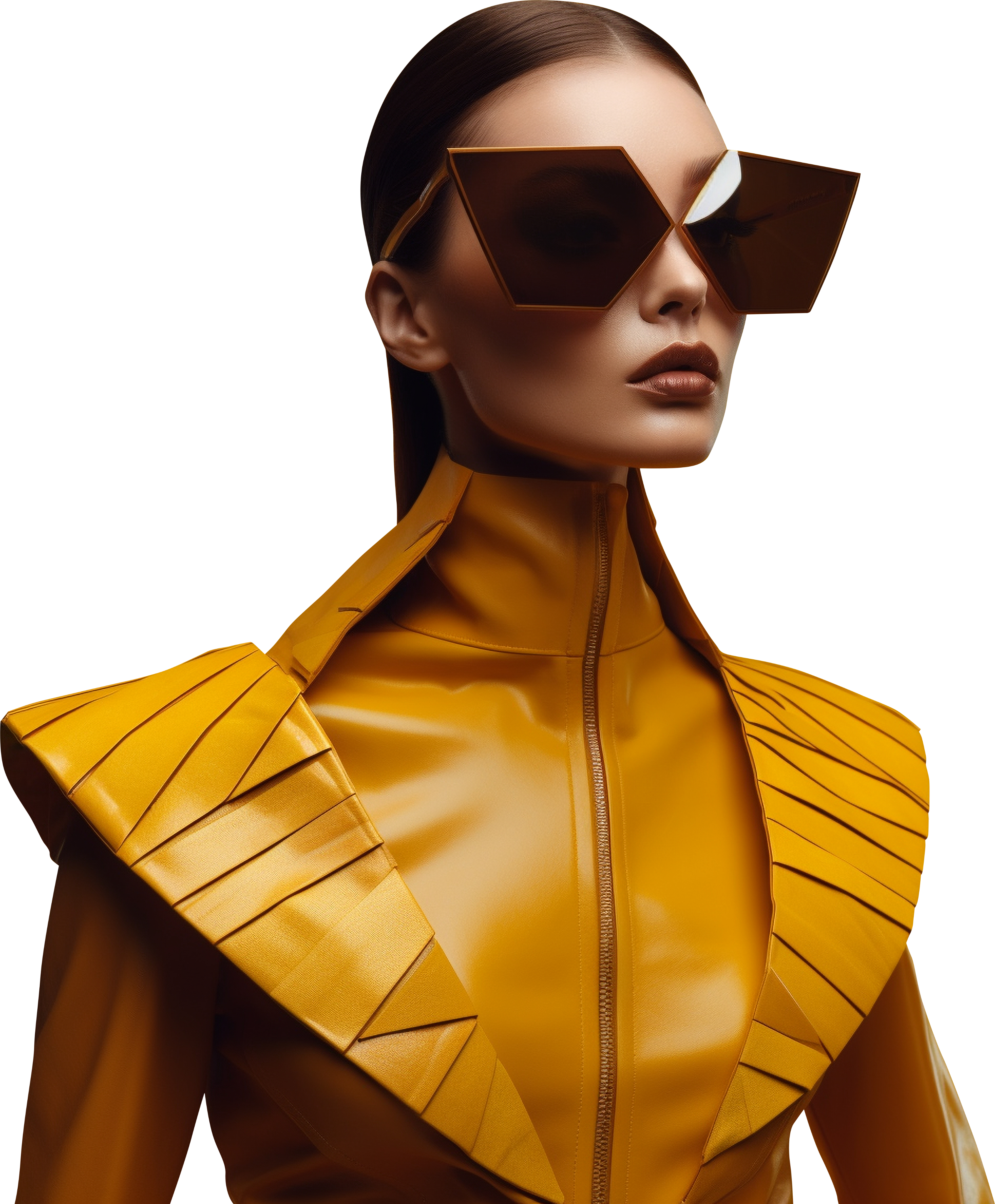 Model in gold leather jacket